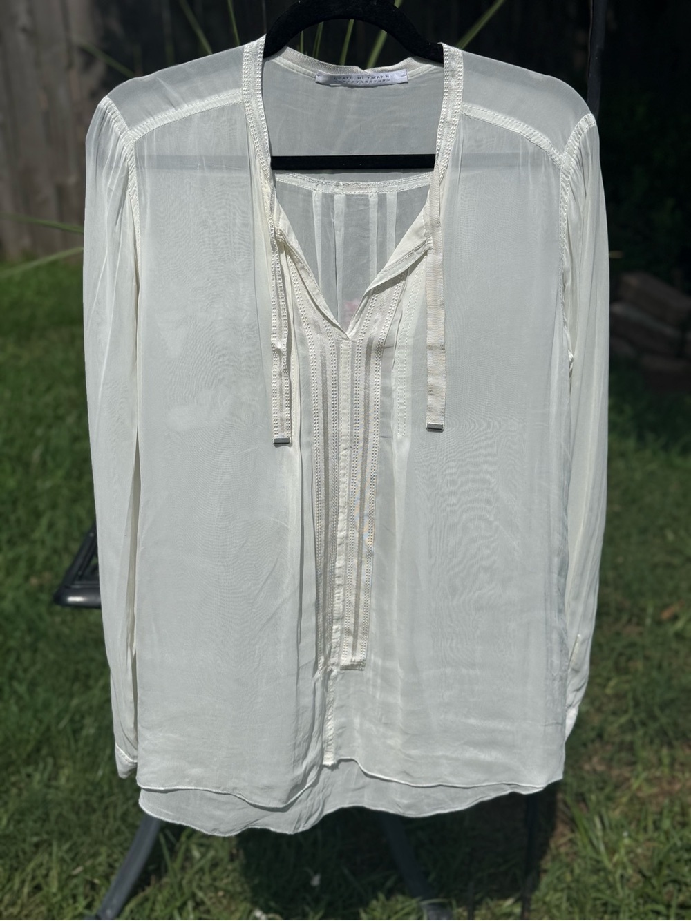Beate Heymann Streetcouture Ivory Sheer Tie Neck Designer Blouse #SOTD Size 10
